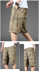 Detailed views of camo cargo shorts featuring ripstop fabric and secure zipper side pockets
