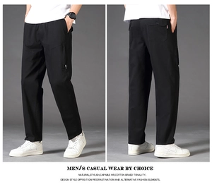 Detail view of cotton casual pants featuring side zipper pockets and back button pocket