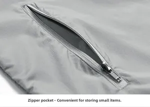 Detailed macro view of high-quality zipper pocket on lightweight breathable grey outdoor vest