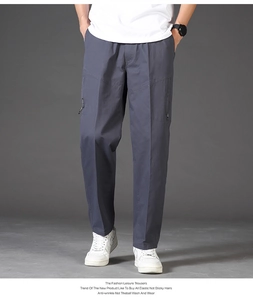 Detail view of wrinkle-resistant cotton casual pants with hidden zipper pockets