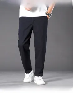 Front view of men's casual straight-leg pants in black cotton with a loose fit