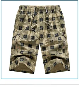 Detail of cargo shorts with camouflage plaid patterns and zipped side sport pockets