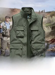 Detail view of dark green fishing vest with mesh lining and four large flap utility pockets