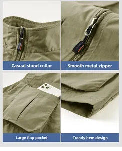 Detail view of olive green outdoor vest showing stand collar, metal zipper, and large flap pockets