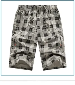 Detail of men's casual shorts showing camo plaid patchwork and zip pockets with sport text