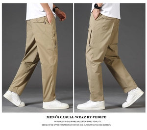 Detail of khaki cotton utility pants showing functional zipper pockets and cargo design