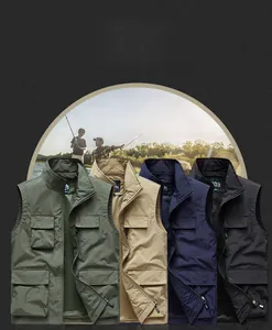 Close-up of multi-pocket fishing vest with zipper closure and breathable mesh lining