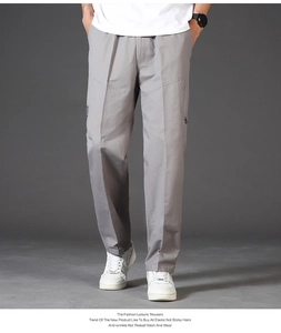 Detail of grey men's casual straight pants featuring anti-wrinkle and elastic fabric