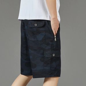 Men's dark blue camouflage cargo shorts with grid texture and multi-pocket outdoor design