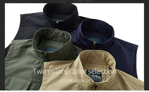 Detail of four men's outdoor vests in black, navy, green and khaki with breathable mesh lining