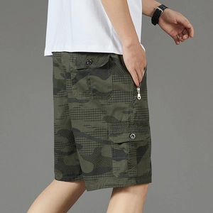 Men's camouflage cargo shorts in dark green with multi-pocket and side zipper details