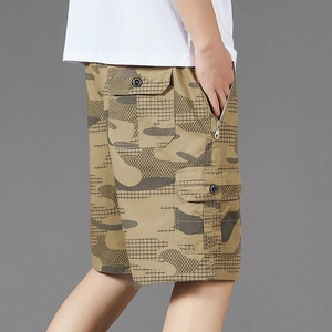 Men's khaki camouflage cargo shorts featuring multi-pocket design and durable cotton fabric