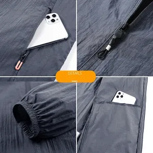 Men's hooded sun protection jacket with zip pockets, elastic cuffs and textured fabric