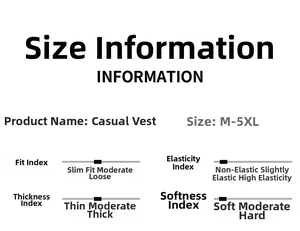 Size chart for outdoor fishing vest showing fit, elasticity, and fabric thickness details