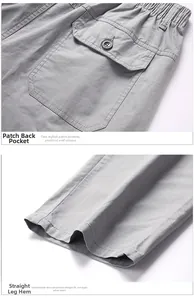 Detailed view of grey cotton twill men's trousers featuring a back patch pocket and elastic waist