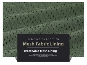 Detail of army green breathable mesh lining showing fine texture for a summer vest