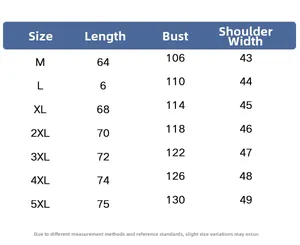 Size chart table for outdoor multi-pocket fishing vest ranging from size M to 5XL