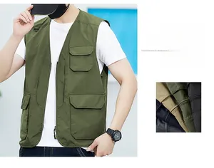 Détail d'un gilet de pêche outdoor vert armée avec poches multiples et fermeture éclair