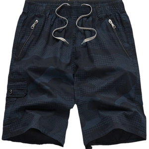 Men's camouflage cargo shorts with elastic drawstring waist and side zipper pockets
