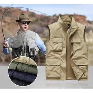 Detail of khaki multi-pocket fishing vest featuring metal zipper and breathable mesh lining
