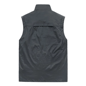 Men's dark grey quick-dry outdoor multi-pocket cargo vest with stand-up collar, back view