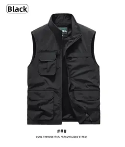 Detailed view of the black multi-pocket vest featuring mesh lining and standing collar