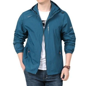 Men's hooded sun protection jacket in dark blue with outdoor top print and zipper