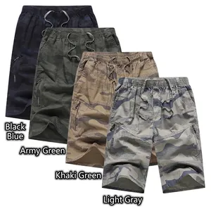Men's loose camouflage cargo shorts in four colors with elastic waist and zipper pockets