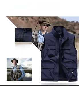 Detail of dark navy multi-pocket utility vest with stand collar and zipper hardware