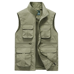 Army green multi-pocket outdoor cargo vest with breathable mesh lining and stand collar