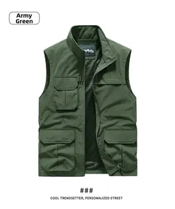Detail view of army green outdoor vest with four utility pockets and breathable mesh lining