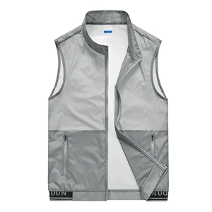 Men's grey lightweight outdoor vest with breathable mesh and zip pockets for summer sports