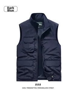 Detail of dark blue multi-pocket outdoor vest with mesh lining and zipper closure