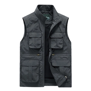 Men's dark grey multi-pocket outdoor utility vest with zip pockets and stand collar