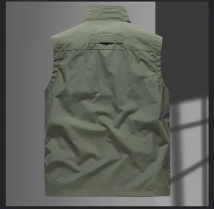 Rear view of deep olive green men's outdoor vest featuring durable fabric and stand collar