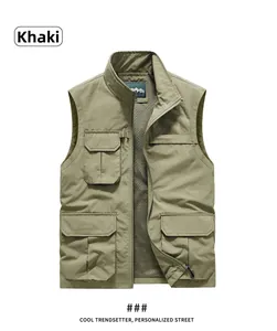 Close-up of khaki multi-pocket outdoor vest with breathable mesh lining and zipper