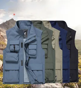 Detailed view of outdoor multi-pocket fishing vests in navy, green, khaki, and blue colors