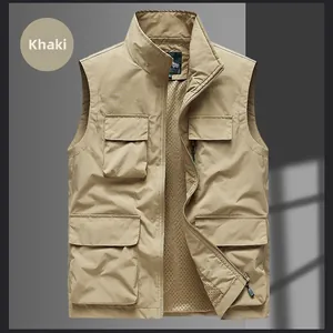 Detail of khaki outdoor utility vest with four large cargo pockets and breathable mesh lining