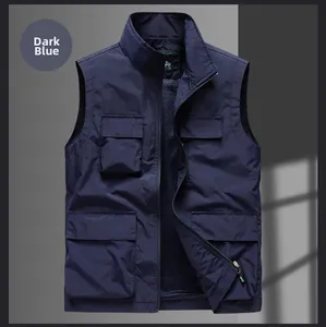 Detail of navy blue work vest featuring breathable mesh lining and stand-up collar