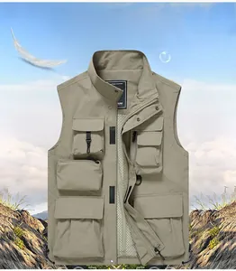 Detail of khaki multi-pocket outdoor utility vest showing breathable mesh lining and drawstring