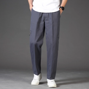Men's loose fit straight-leg cotton casual pants with elastic waist and side zip pocket