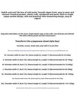 Detailed size chart for men's winter fleece jacket with weight and height guides