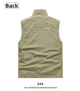 Detail view of khaki outdoor vest back showing durable ripstop fabric and clean tailoring