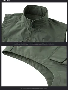Detail view of smooth standing collar and durable armhole stitching on green vest