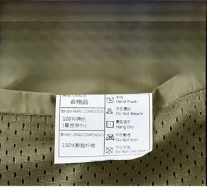 Detail showing 100% nylon shell and mesh lining on the outdoor multi-pocket fishing vest