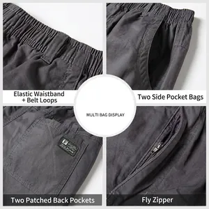 Men's dark gray straight-leg cotton casual pants with elastic waist and cargo pockets