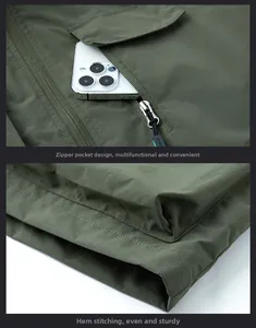 Detail view of army green outdoor vest featuring secure zipper pocket and reinforced stitching