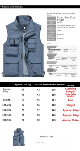 Size chart for outdoor multi-pocket fishing vest showing detailed body measurements in cm