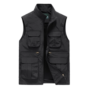 Men's black outdoor utility vest with multiple pockets and stand collar design