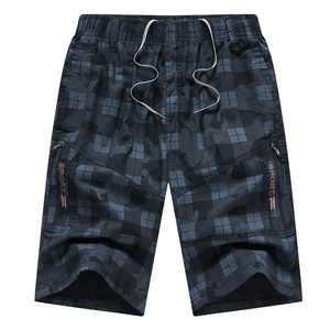 Men's casual plaid shorts in dark grey blue camo with elastic drawstring and zip pockets